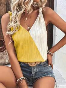 INAWLY Women's Summer Contrast Color Twisted Shoulder V-Neck Casual Tank Top Graphic Tees Women Tops