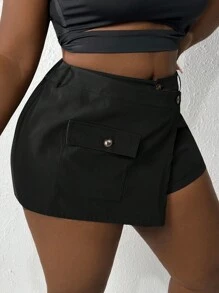 Slaydiva Plus Size Summer Sexy Solid Color Asymmetrical Wrap Shorts - Black - View 1
