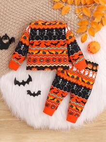 SHEIN 2 pièces Ensemble de pyjama à manches longues en tricot doux avec motif de bébé garçon nouveau-né pour Halloween