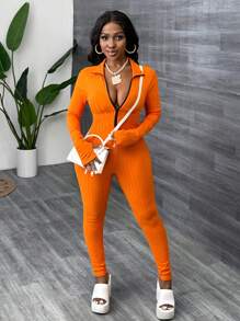 Slaydiva Minimalist Casual Basic Athletic Mock Neck Zippered Long Sleeve & Ankle Cuff Ribbed Stretchy Fitted Jumpsuit - Orange - Orange - View 3