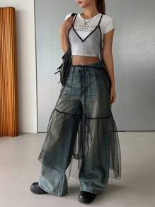 DAZY Đầm mini dây mảnh lưới xuyên thấu cho nữ Đầm suông hở lưng trong suốt - màu đen - Xem 1