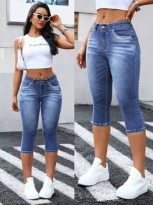 SHEIN Essnce Vaqueros casuales de tela vaquera de corte slim con bolsillos y cinturilla con botones para mujer