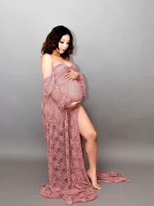 孕妇蕾丝灯笼袖高开衩摄影礼服，V领露肩长裙，适合拍摄 - 藕粉色 - 查看 4