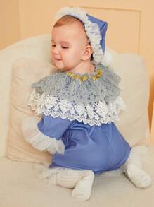 Tenues d'automne et d'hiver pour bébés filles, 2 pièces, avec chapeau, garniture en dentelle bleue, Tulle multicouche, Costume élégant de luxe, accessoire Photo - Bleu azur - Voir 4