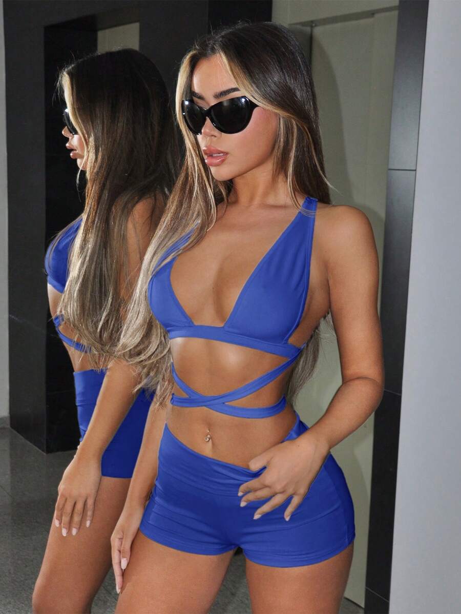 SHEIN ICON Y2k 夏季服装乡村音乐会服装性感露背吊带上衣和低腰修身迷你短裤套装