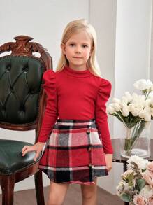 SHEIN 年轻女孩立领泡泡袖 T 恤和格纹印花不对称下摆半身裙 - 紅色 - 查看 1