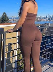 SHEIN BAE Solid Tube Unitard Jumpsuit - Coffee Brown - View 3