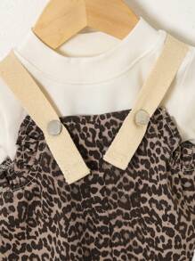 SHEIN Baby Girls Washed Soft Leopard Printed Slightly Stretch Denim Lace Overalls - Multicolor - View 4