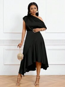 SHEIN Tall CURVE Plus Size Asymmetric Hem Satin Formal Dress With Waist Cinching, Elegant Evening Gown