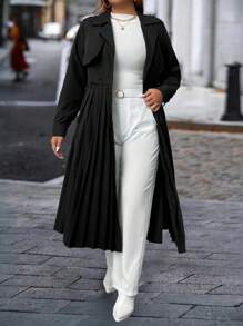 Flirla Plus Size Vintage Lace-Up Ruched Trench Coat - Black - View 6