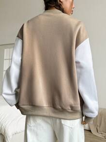 SHEIN Unity 字母贴片拼色长袖前拉链口袋休闲运动夹克 - 卡其色 - 查看 2