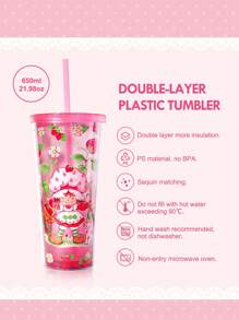 Strawberry Shortcake X SHEIN 650 Ml Cartoon Figure & Strawberry Pattern Transparent Double Layer Cup With Straw,Gift Ideas - Red - View 3