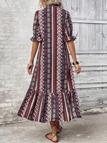SHEIN LUNE Casual Vacation Geometric Print Dress With Ruffle Cuffs & Hem - Multicolor - View 2