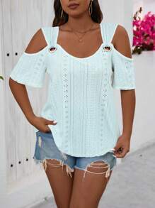 SHEIN LUNE Plus Size Women Metal Decor Jacquard Blouse - Blue - View 3