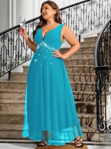 Cravure Plus Size Rhinestone V-Neck Backless Sequin Loose Fashionable Charming Dress Maxi Women Outfit Wedding - Blue - View 4