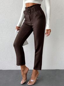EURMUSE Belted Cropped Pants - Brown - View 5