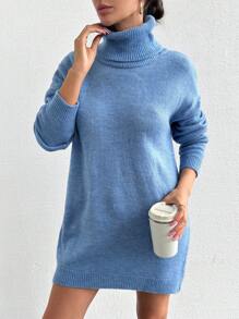 EURMUSE Gola Alta Ombro Caído Vestido De Tricô - Azul - Ver 4