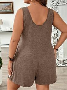 SHEIN LUNE Mono informal de talla grande para mujer con cuello redondo, bolsillos dobles y unicolor de verano