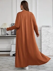 SHEIN LUNE 3 pièces/set Top ajusté pour femme grande taille, veste longue ample et pantalon casual à cordon de serrage - Acajou - Voir 2