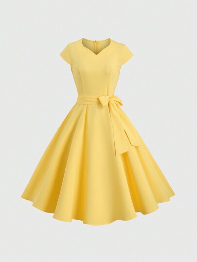 Lunelith SHEIN Lunessa Women's Solid Color Simple Daily Bow Tie Belted Short Sleeve Yellow Dress