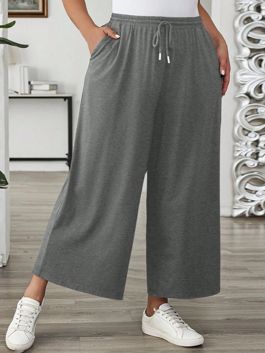 EMERY ROSE Plus Size Women's Solid Color Drawstring Wide Leg Loose Casual Summer Outfits Pants Fall
