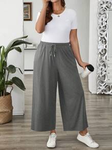 EMERY ROSE Plus Size Women's Solid Color Drawstring Wide Leg Loose Casual Summer Outfits Pants Fall - Grey - View 4