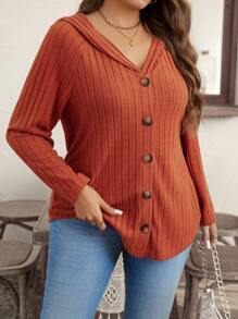 SHEIN LUNE 大码女式纯色简约日常拉链连帽衫 - 棕色 - 查看 4