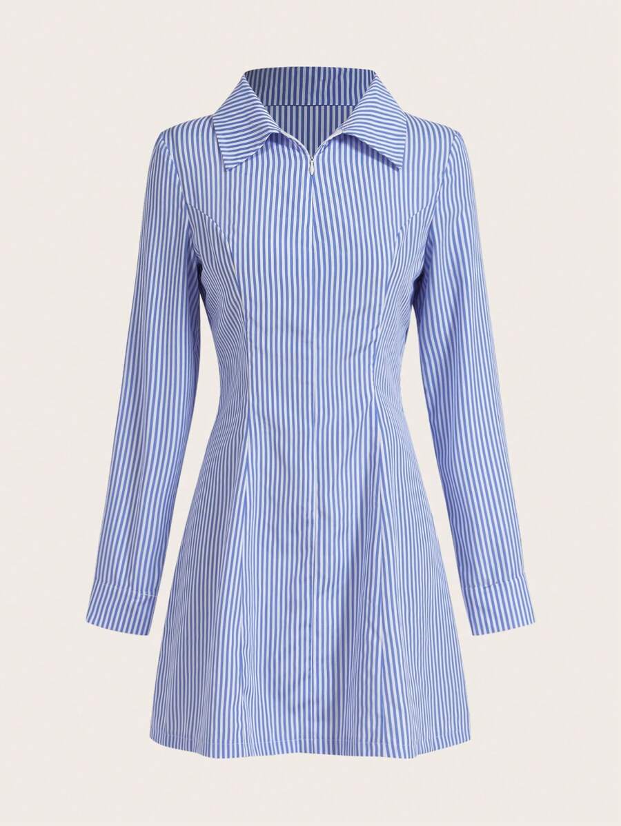 SHEIN Unity Zip-Front Fitted Stripe Shirt Dress For Women - Blue and White - View 1