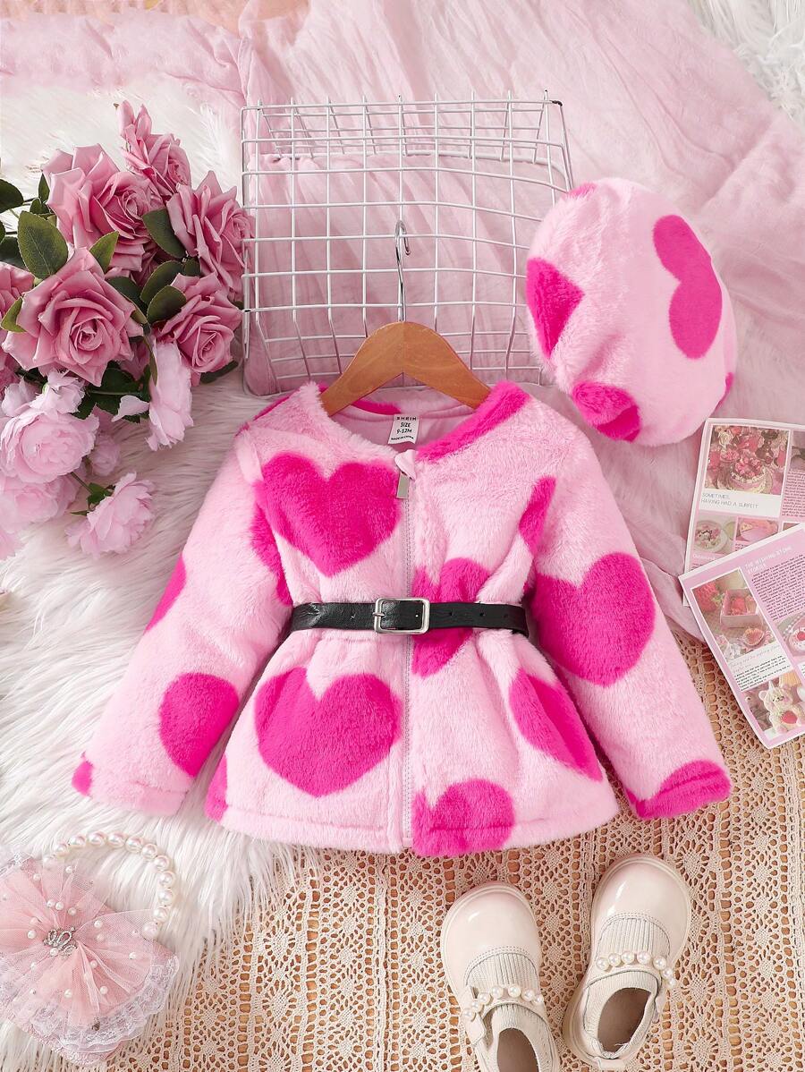 Baby Girl Crew Neck Zip-Up Heart Pattern Fashion Loose Cute Jacket - Watermelon Pink - View 1