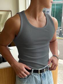 DAZY 男士純色圓領背心上衣 - 灰色 - 查看 3