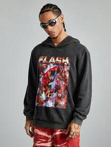ROMWE MEN THE FLASH X ROMWE Sudadera con capucha holgada, de caída de hombro, con impresión de héroes y letras de anime, para primavera y otoño, para hombres - Negro - Ver 3