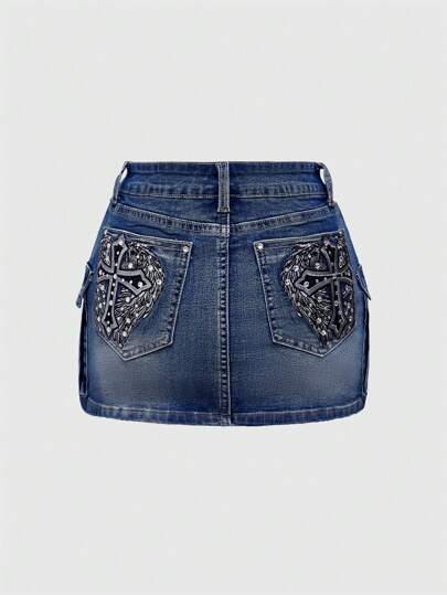 Grunge Punk Y2K Harajuku Sexy Low-Waist Bodycon Denim Skirt With 3D Pockets