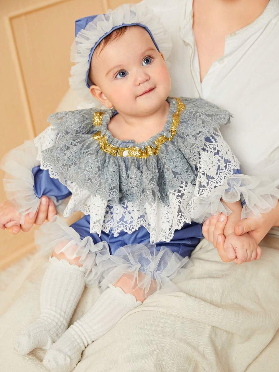 Tenues d'automne et d'hiver pour bébés filles, 2 pièces, avec chapeau, garniture en dentelle bleue, Tulle multicouche, Costume élégant de luxe, accessoire Photo - Bleu azur - Voir 1