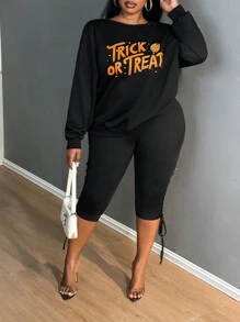 SHEIN SXY 大码圆领长袖字母印花简约套头衫，秋冬休闲日常穿着 - 黑色 - 查看 3