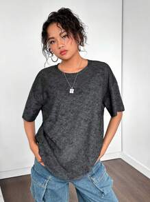 SHEIN 少女针织纯色做旧宽松休闲圆领短袖 T 恤 - 黑色 - 查看 1