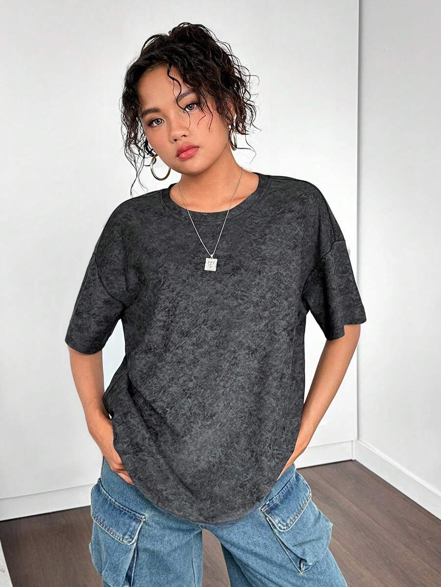 SHEIN 少女针织纯色做旧宽松休闲圆领短袖 T 恤 - 黑色 - 查看 1