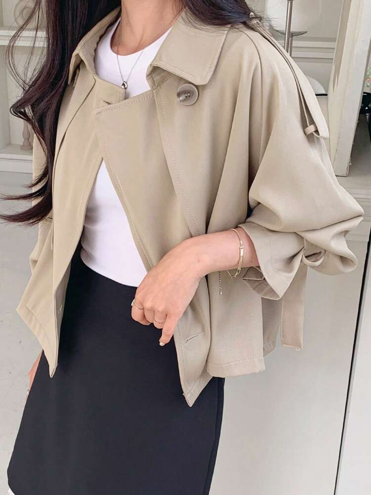 Damen einfarbige, doppelreihige, locker geschnittene Lässig Kurzjacke, Herbstbekleidung Damen Mäntel