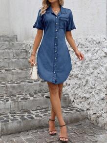 SHEIN LUNE 夏季休闲纽扣前短袖牛仔连衣裙 - 深色水洗藍 - 查看 5