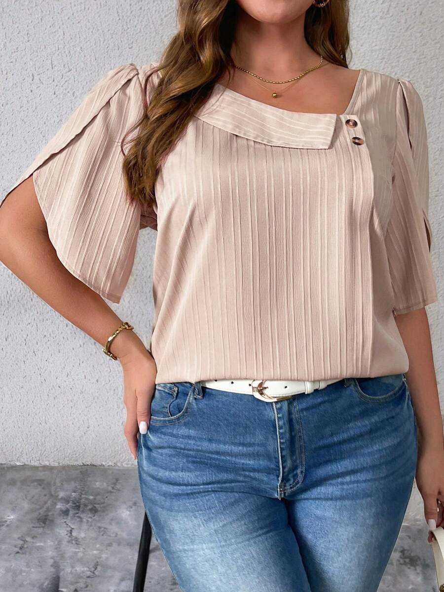 SHEIN Unity Plus Size Women's Solid Color Minimalist Daily Wear Split Cuff Blouse - Khaki - View 1