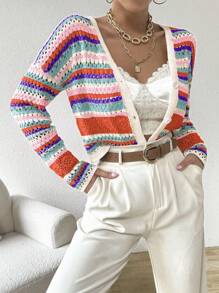 SHEIN LUNE Áo len cardigan thả vai phối màu cho nữ - trái cam - Xem 3