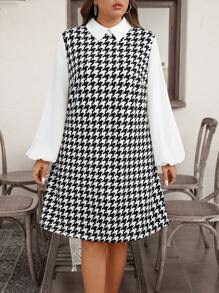 SHEIN LUNE Váy thường ngày cỡ lớn mùa xuân và thu thường ngày đen trắng họa tiết răng sói chắp vá tay áo đèn lồng 2 trong 1 - Đen và trắng - Xem 3