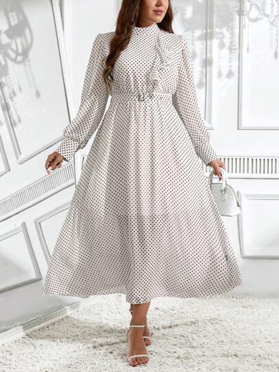 SHEIN Clasi Plus Size Women Round Dot Print Turtleneck Long Sleeve Dress, Party Event Dress Suitable For Autumn And WinterWork Dress Business Casual Woman