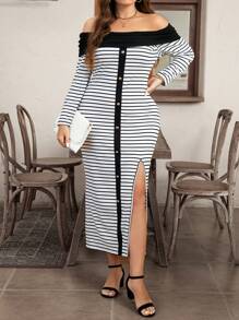 SHEIN LUNE Plus Size Off Shoulder Striped Long Sleeve Button Front Split Dress, Casual Wear