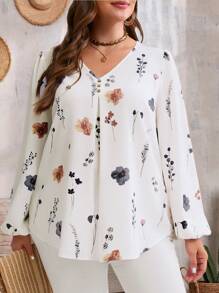 EMERY ROSE Plus Size Women's Fall Clothes Floral Print V-Neck Lantern Sleeve Loose Long Sleeve Blouse,Flower/Spring/Summer/Vacation - Multicolor - View 6