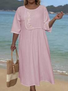 EMERY ROSE 大碼女性夏季優雅花卉印花時尚連衣裙 - 藕粉色 - 查看 5