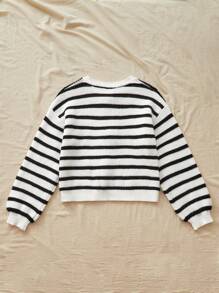 Travachic Áo len cardigan dài tay thắt nơ cổ tròn rộng rãi cho nữ, trang trí nơ, mùa thu cho nữ, áo dài tay - Đen và trắng - Xem 2