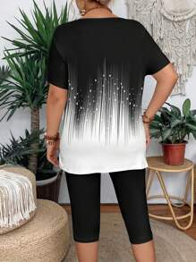 Summer Casual Color Block Short Sleeve T-Shirt And Leggings 2-Piece Set, Slim Fit