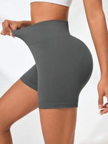 SHEIN Sports Women's Solid Color High Waist Everyday Fitness Shorts - Grey - View 7