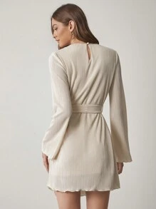 Enchnt 女士纯色简约日常圆领长袖前系带连衣裙 - 綠色 - 查看 3