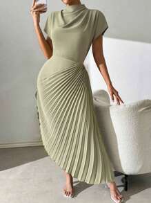 Calvaya Vestido elegante maxi con cuello alto, plisado asimétrico en el bajo para mujer